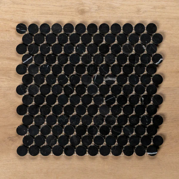 Sample of Cottesloe Nero Marquina Penny Round Honed Marble Mosaic Tile - The Blue Space