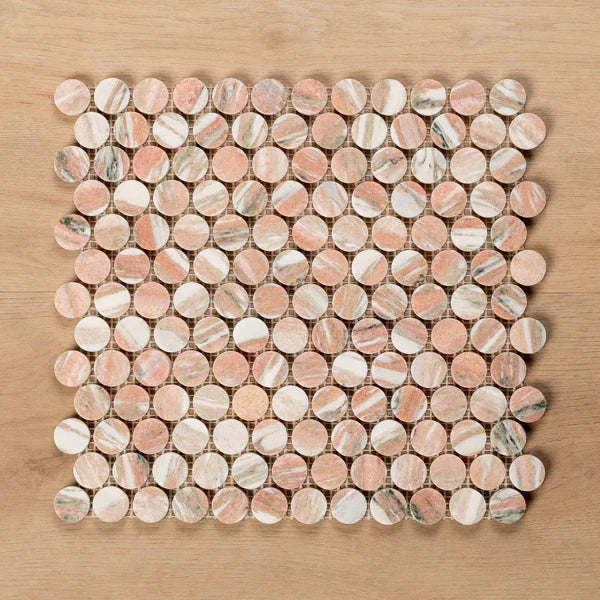 Sample of Cottesloe Norwegian Pink Penny Round Honed Marble Mosaic Tile - The Blue Space