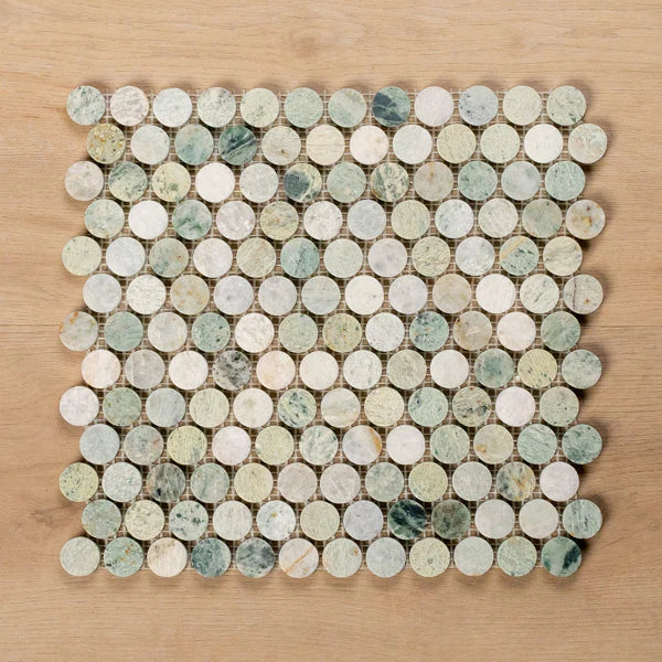 Sample of Cottesloe Ming Green Penny Round Honed Marble Mosaic Tile - The Blue Space