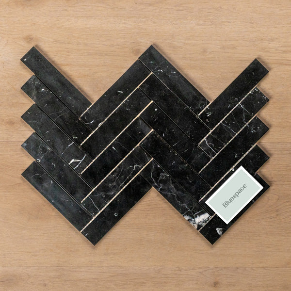 Cottesloe Nero Marquina Herringbone Honed Marble Mosaic Tile 35x150mm