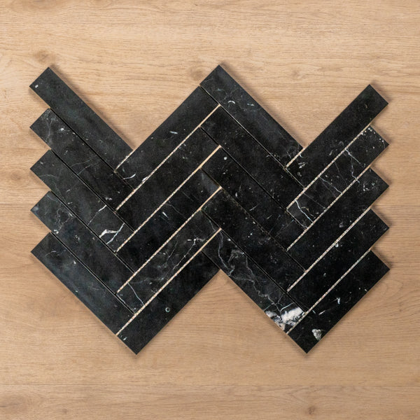Cottesloe Nero Marquina Herringbone Honed Marble Mosaic Tile 35x150mm