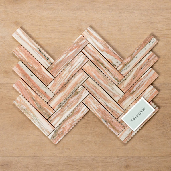 Sample of Cottesloe Norwegian Pink Herringbone Honed Marble Mosaic Tile Double - The Blue Space