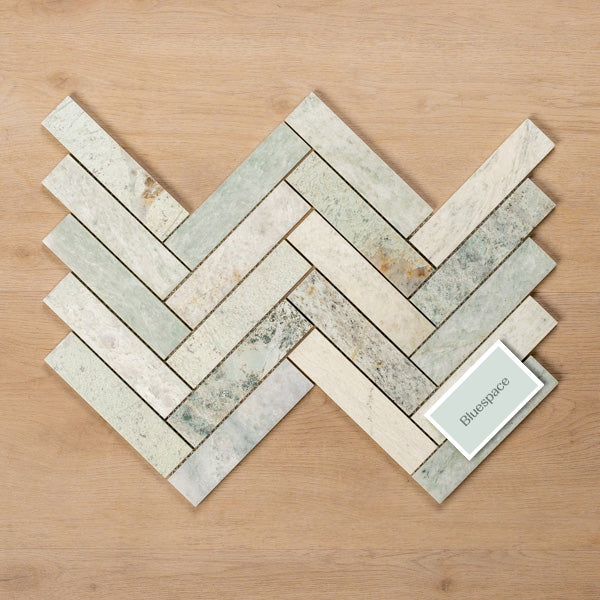 Sample of Cottesloe Ming Green Herringbone Honed Marble Mosaic Tile Double - The Blue Space