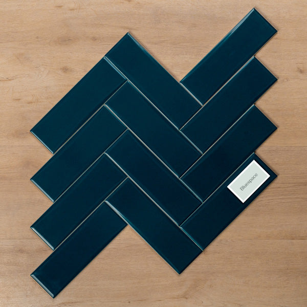 Coolum Teal Gloss Cushioned Edge Ceramic Tile 82x257mm Herringbone Pattern - The Blue Space