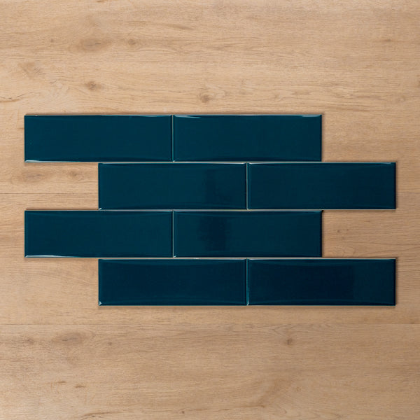 Coolum Teal Gloss Cushioned Edge Ceramic Tile 82x257mm Brick Pattern - The Blue Space