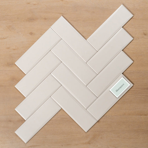 Coolum White Satin Cushioned Edge Ceramic Tile 82x257mm Herringbone Pattern - The Blue Space
