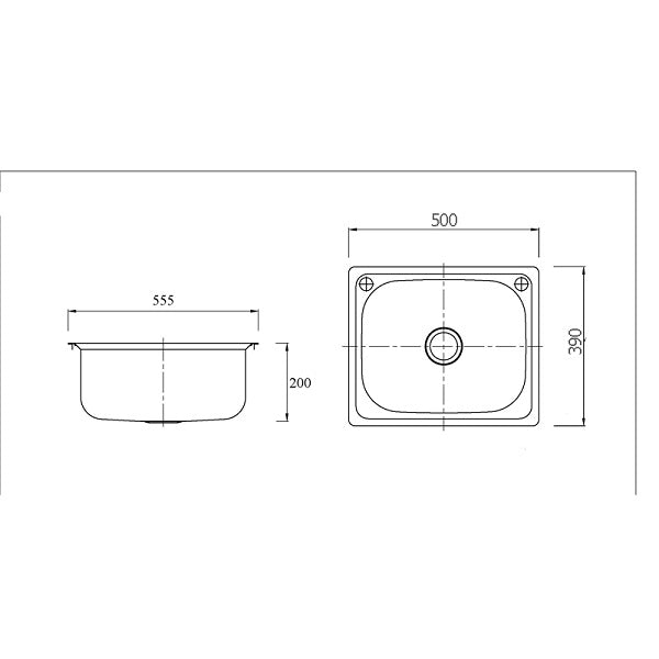 Technical Drawing - Badundkuche Traditionell 30L Laundry Sink with 2TH