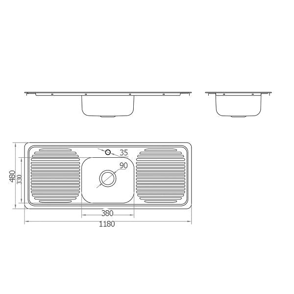 Technical Drawing - Badundkuche Traditionell Single Bowl with Double Drainer Sink 1TH