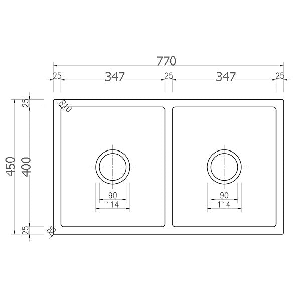 Technical Drawing - Badundkuche Arcko Granite Under/Overmount Double Bowl Granite Sink