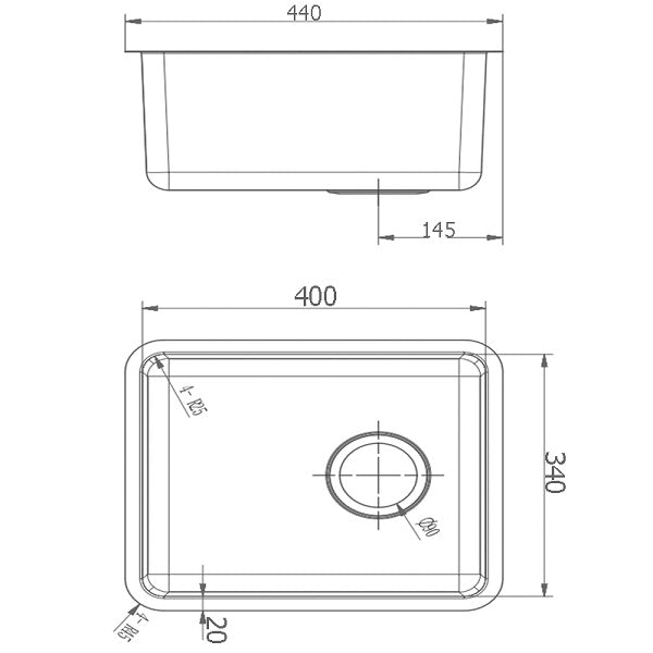 Technical Drawing - Badundkuche Traditionell Under/Overmount Single Bowl Sink