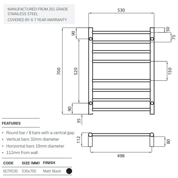Radiant Non-Heated 8 Bar 530 x 700 Towel Rail Matt Black