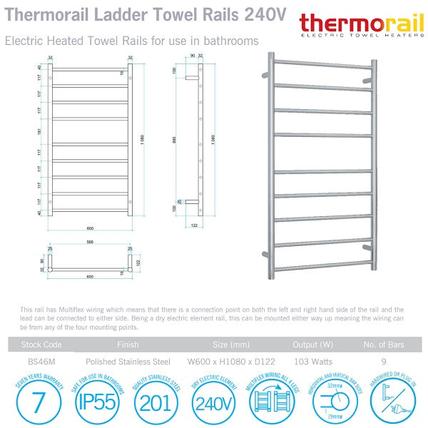 Technical Specification: Thermogroup 9 Bar Round Heated Towel Ladder 600w x 1080h