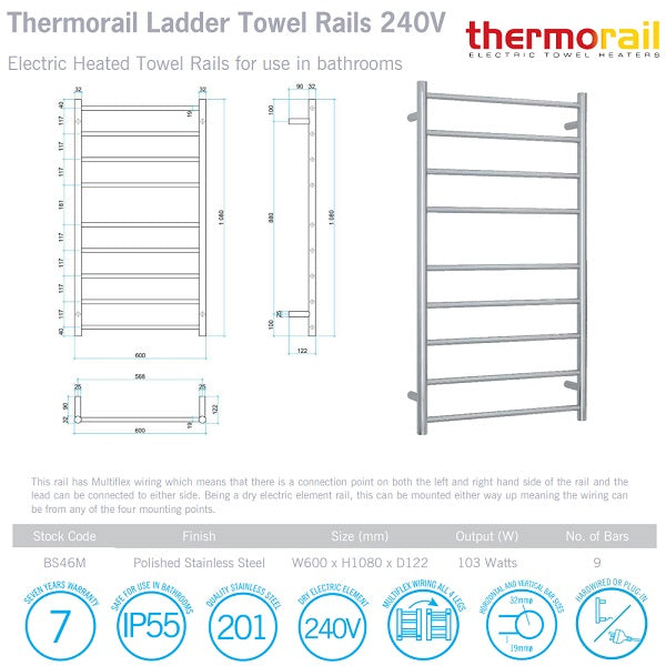 Thermogroup 9 Bar Round Heated Towel Ladder 600w x 1080h - Polished SS
