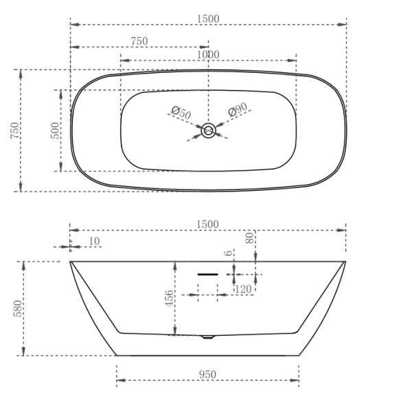 Technical Drawing - Casa Design Rec Shape Slimline Freestanding Bath