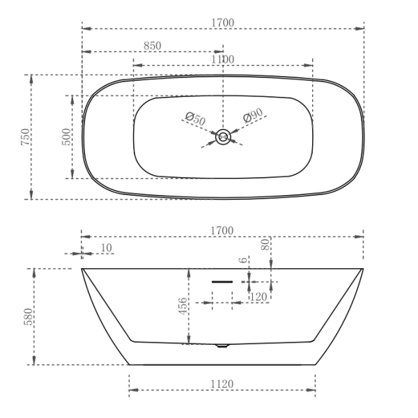 Technical Drawing - Casa Design Rec Shape Slimline Freestanding Bath