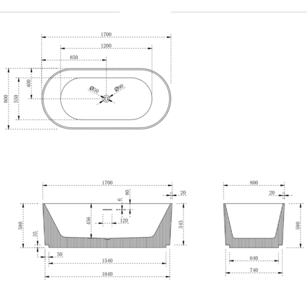 Technical Drawing - V-Groove Round Freestanding Bath Matte White 1700mm