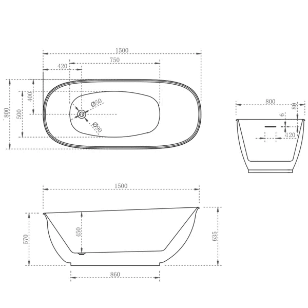 Technical Drawing - Casa Design Vita Oval High Rise Freestanding Bath Matte White 1500mm