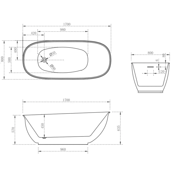 Technical Drawing - Casa Design Vita Oval High Rise Freestanding Bath Matte White 1700mm