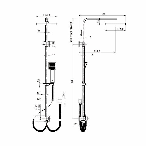 Technical Drawing: Chao Twin Exposed Rail Shower System 2 Hose Chrome