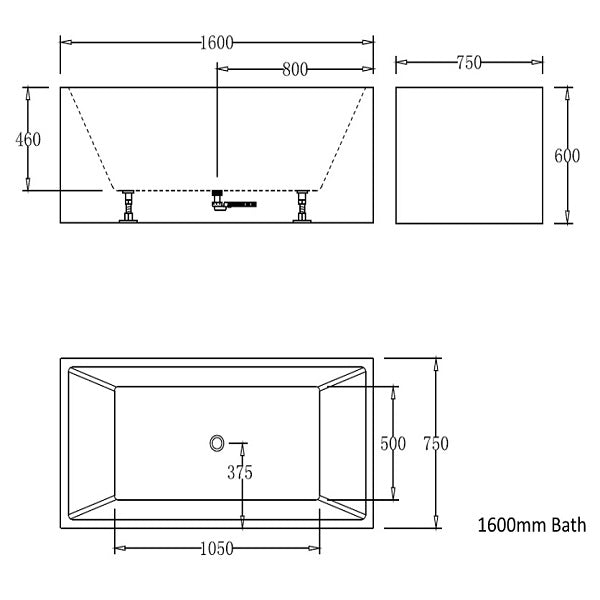 Technical Drawing: Cee Jay Square Multi Fit Lucite Acrylic Bath 1600mm