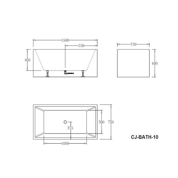 Technical Drawing: Cee Jay Square Multi Fit Lucite Acrylic Bath 1500mm
