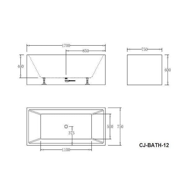 Technical Drawing: Cee Jay Square Multi Fit Lucite Acrylic Bath 1700mm