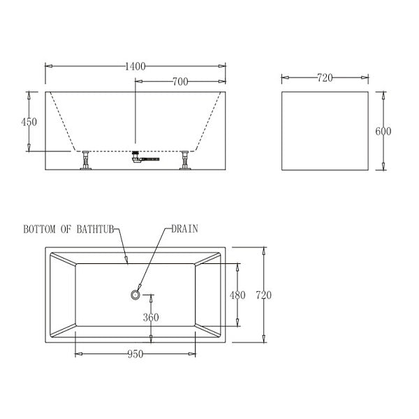 Technical Drawing: Cee Jay Square Multi Fit Lucite Acrylic Bath 1400mm