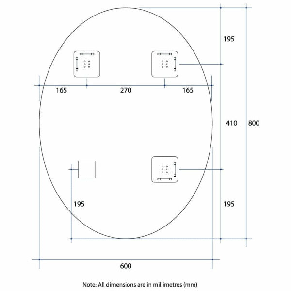 Technical Drawing: Thermogroup Oval Polished Edge Mirror with Demister CO6080HND