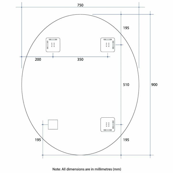 Technical Drawing: Thermogroup Oval Polished Edge Mirror with Demister CO9075HND