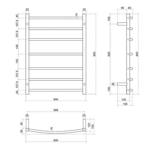 Thermogroup 7 Bar Thermorail Curved Heated Towel Ladder 600mm