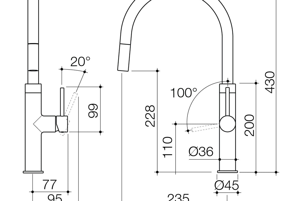 Technical drawing of Liano II Pull Down Sink Mixer by Caroma - The Blue Space