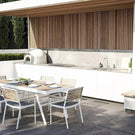 Caroma Compass Alfresco Stainless Steel Double Bowl Sink & Accessories in gorgeous outdoor kitchen design at The Blue Space