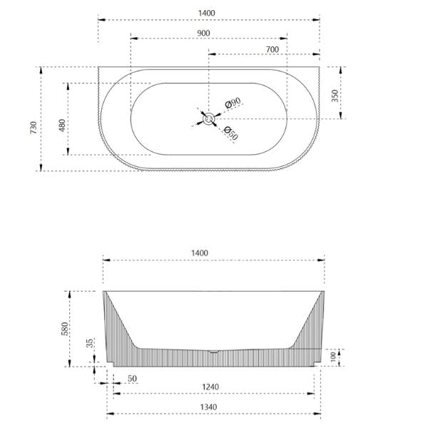 Technical Drawing - Cassa Design V-Groove Back to Wall 1400mm Freestanding Bath Matte White