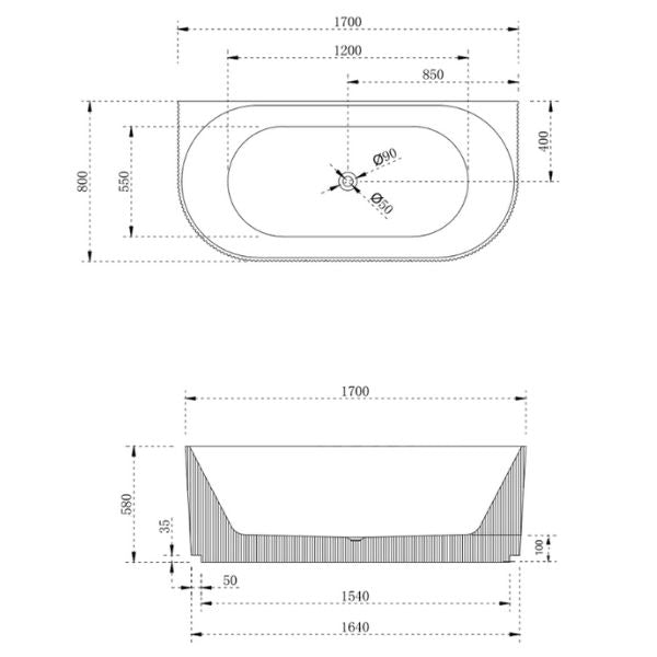 Technical Drawing - Cassa Design V-Groove Back to Wall 1700mm Freestanding Bath Matte White