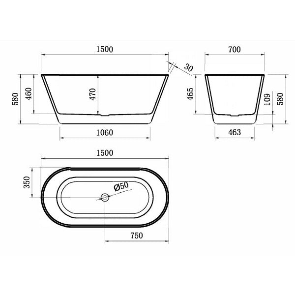 Technical Drawing: Evekare Bold Freestanding Bathtub Oval