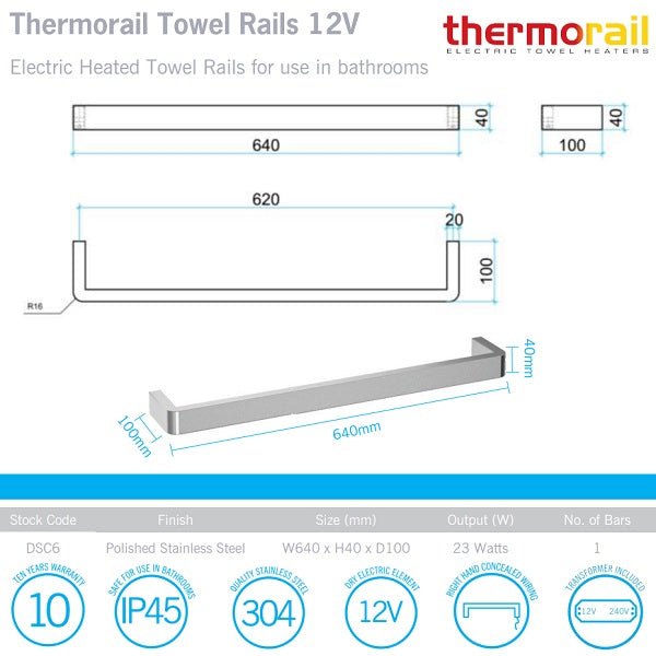 Thermorail 12V Single Bar Heated Rail 640mm Technical Drawing - Online at The Blue Space