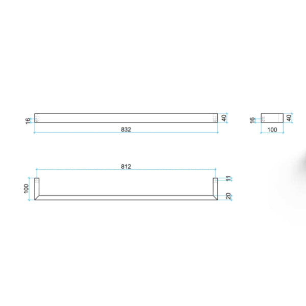 Thermogroup 12V Square Single Bar Heated Towel Rail 832mm Technical Drawing - The Blue Space