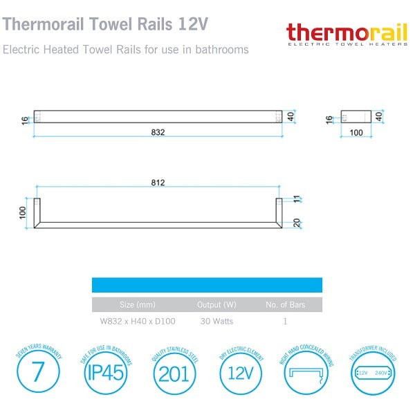 Technical Specification: Thermorail Square Heated Single Rail 832mm