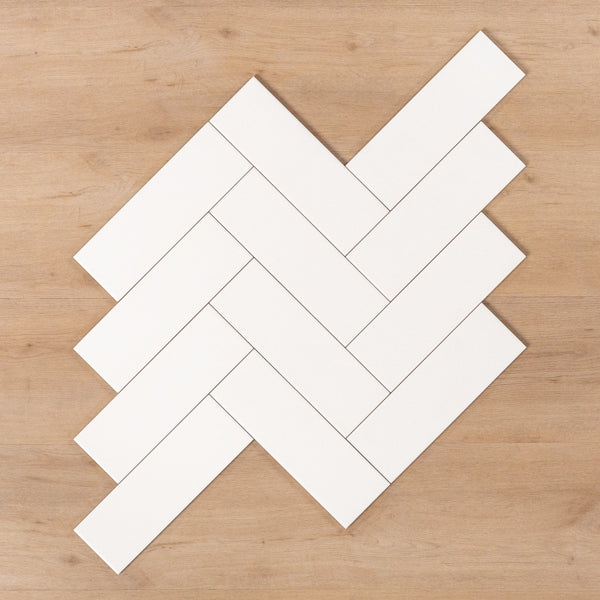 Wategos Satin White 100x300mm Herringbone Pattern - The Blue Space