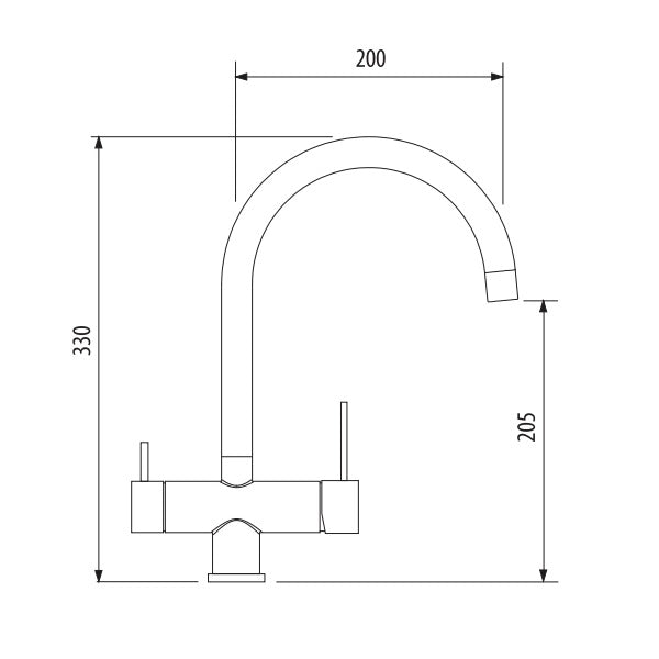 Oliveri Essentials 3 Way Gooseneck Filter Tap Technical Drawing - The Blue Space