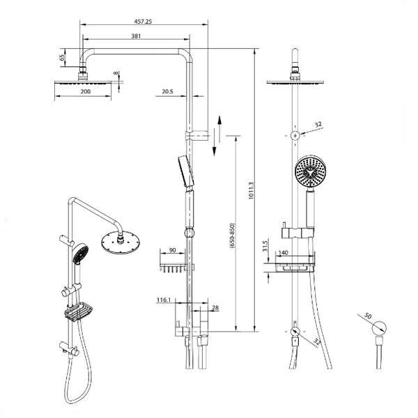 Technical Drawing - Fienza Michelle Multifunction Rail Shower