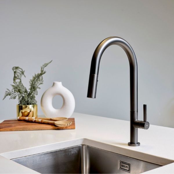Greens Luxe Pull Down Sink Mixer Gunmetal in contemporary styled kitchen with undermount sink