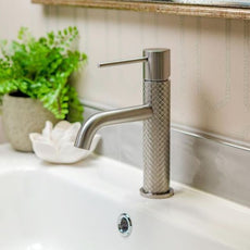 Greens Textura Basin Mixer Brushed Stainless Steel online at The Blue Space - textured tapware