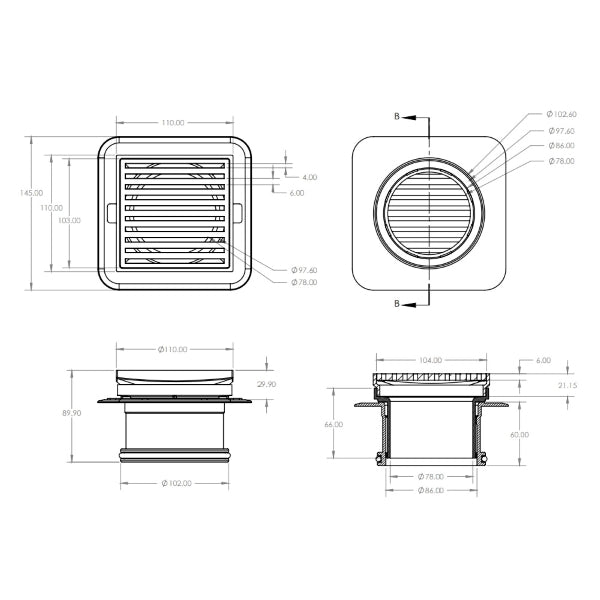 Technical Drawing: Square On Square Floor Grate 100mm Connection