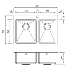 Technical Drawing: Oliveri Apollo 1 & 3/4 bowl sink 1TH RH