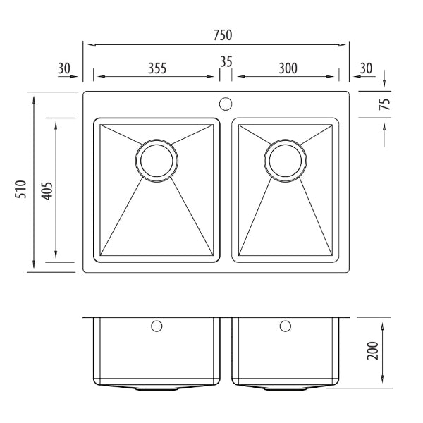 Technical Drawing: Oliveri Apollo 1 & 3/4 bowl sink 1TH RH