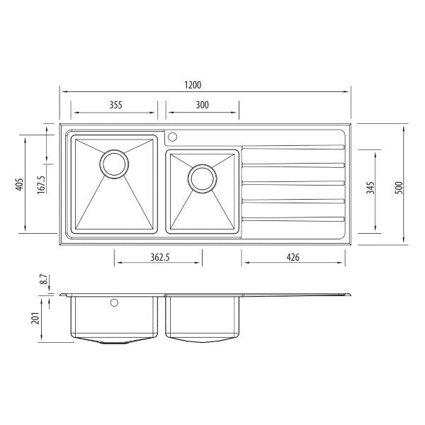 Technical Drawing: Oliveri Apollo 1 & 3/4 bowl sink with R/H drainer 1TH