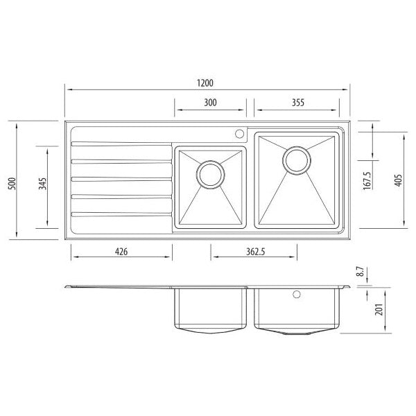 Technical Drawing: Oliveri Apollo 1 & 3/4 bowl sink with L/H drainer 1TH