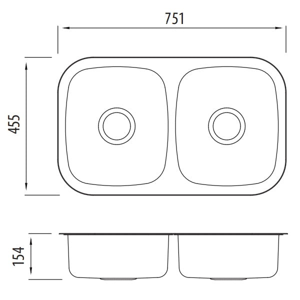 Oliveri Endeavour double bowl undermount sink Technical Drawing - The Blue Space