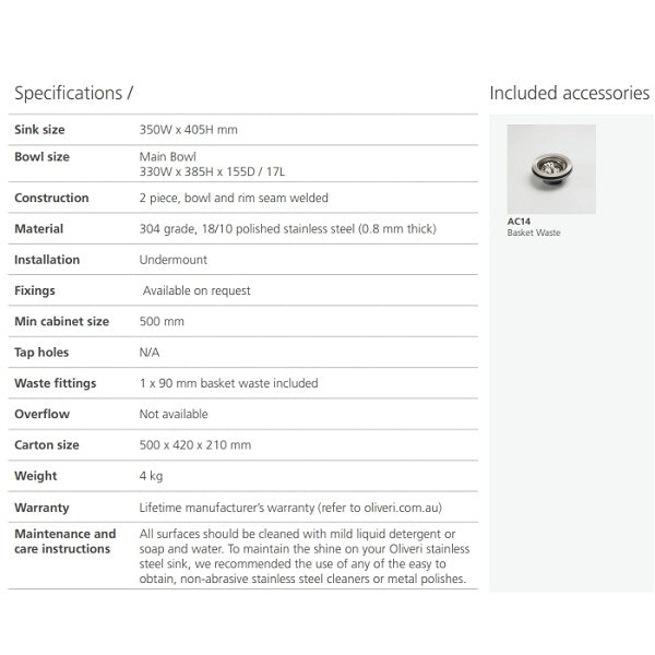Oliveri Endeavour standard bowl undermount sink